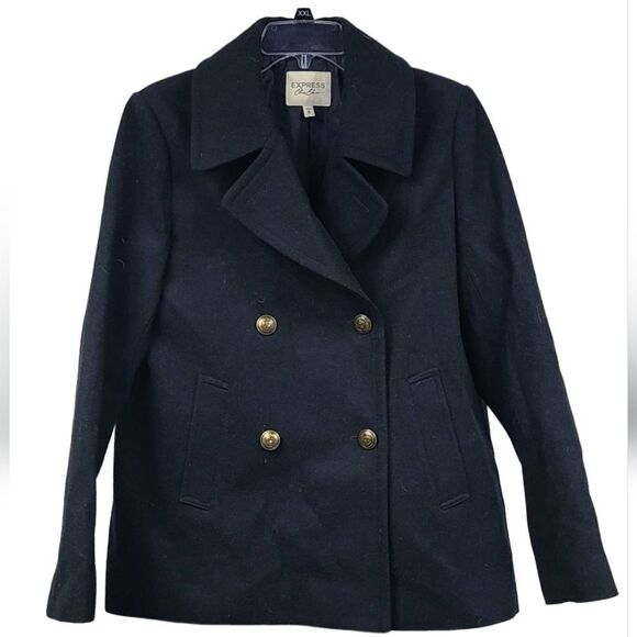 Express Black Wool Peacoat Double Breasted Classic Overcoat Heavy Winter Coat - Picture 1 of 11